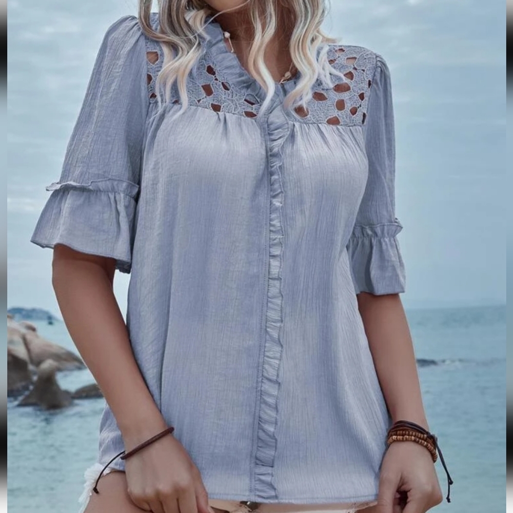 Solid Eyelet Embroidery Frill Flounce Sleeve Blouse